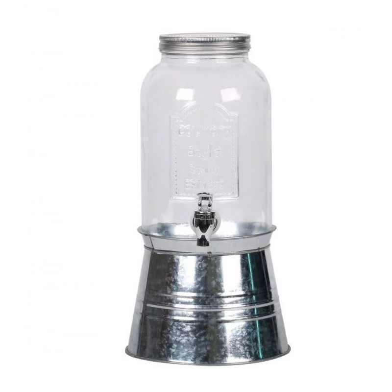 Fontaine à boisson en verre avec support et couvercle en métal - 3,5L - Transparent - H 28 x D 20 cm